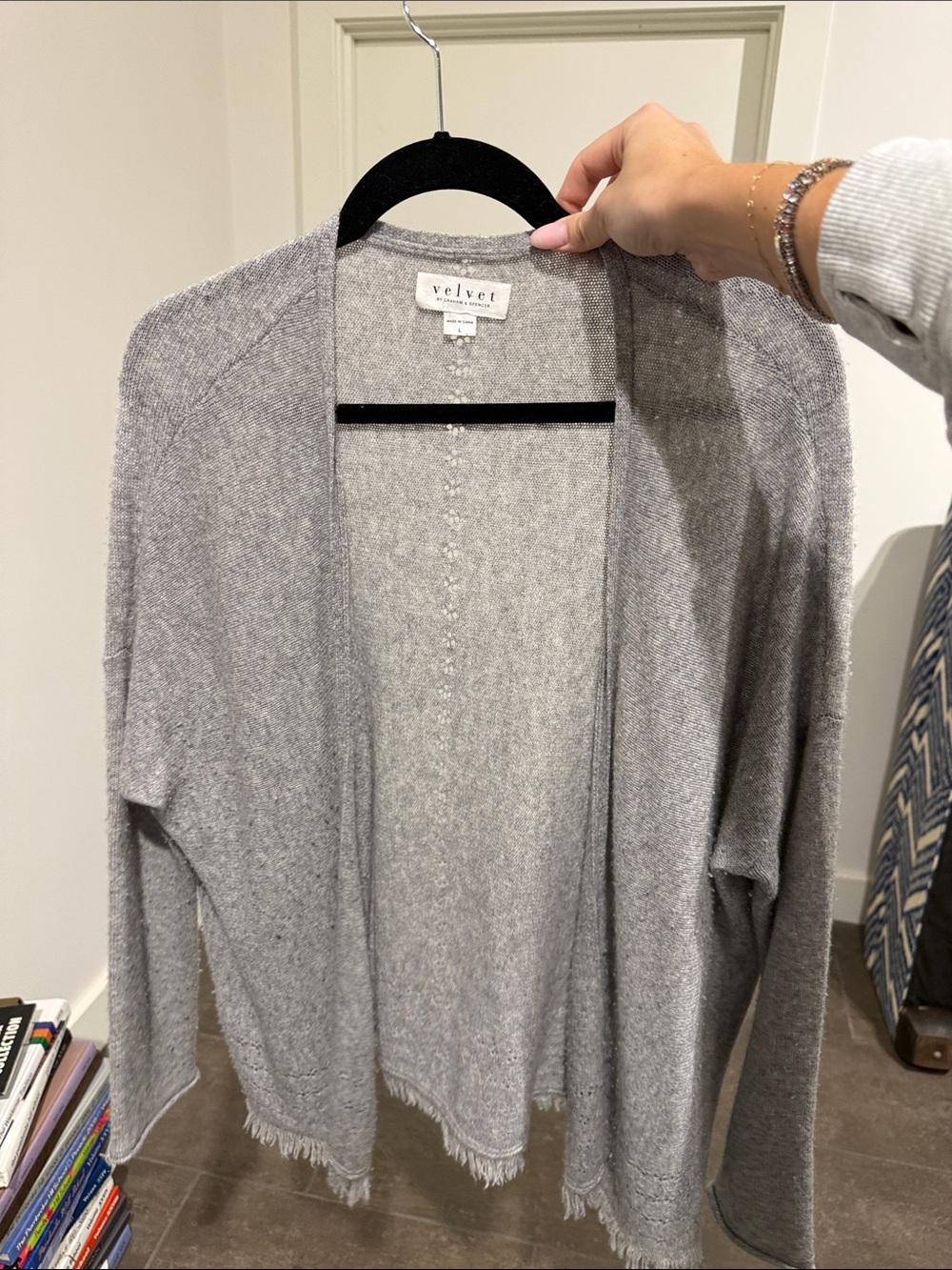 Velvet by Graham & Spencer Heather Gray Open Fringe Cardigan